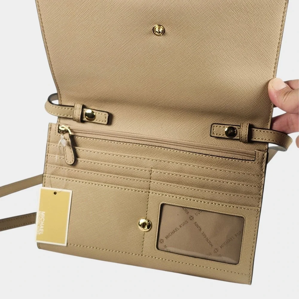 Michael Kors‎ Jet Set Crossbody Clutch Womens Bisque Leather Minimalist Neutral
